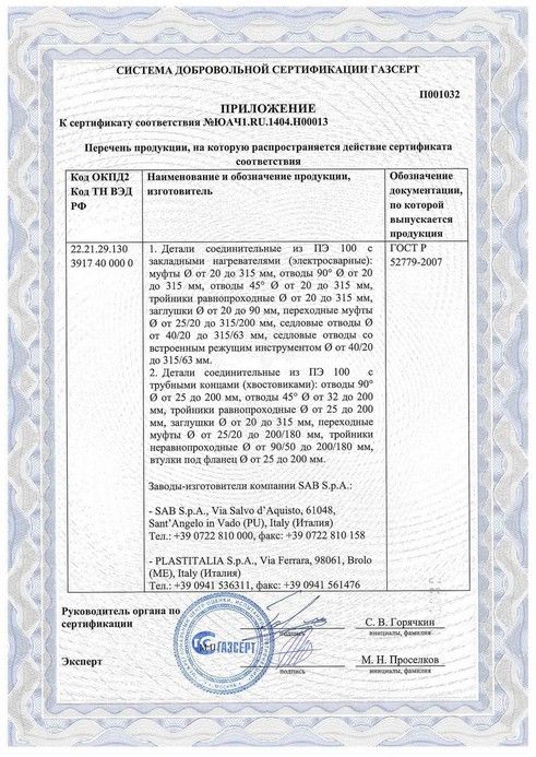 Приложение на 1 листе, бланк № П001032 к сертификату соответствия ГАЗСЕРТ - ЮАЧ1.RU.1404.Н00013